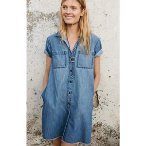 Madewell Chambray Shirt Dress Small Blue Denim Buttons Raw Hem Pockets Boho